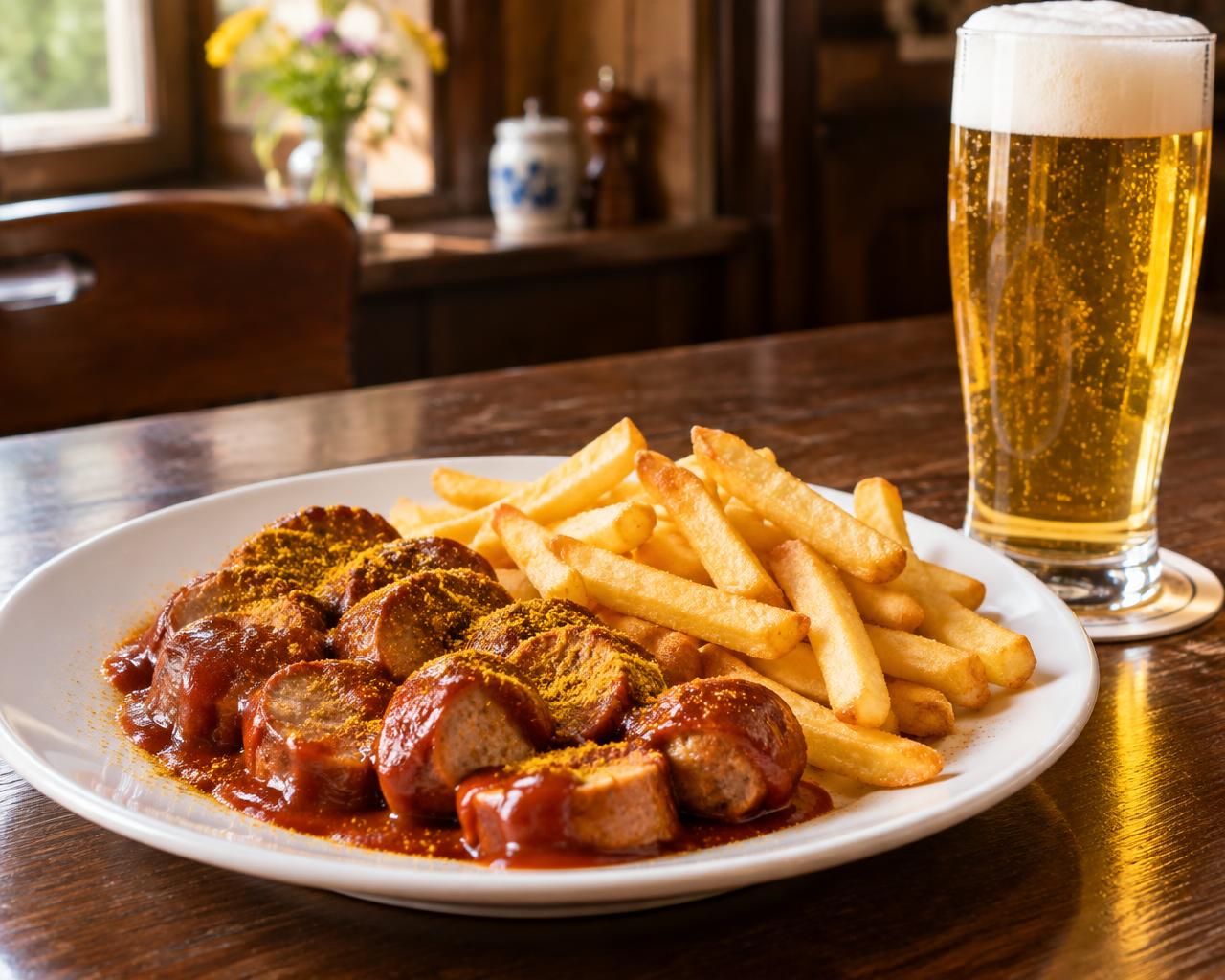 Currywurst mit Pommes – KI-generiertes Speisenbeispiel